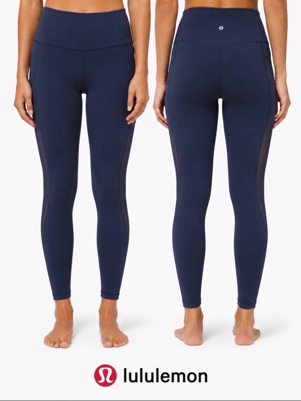 Lululemon Navy Blue Mesh Panel Leggings With Pockets Athletic Yoga Size 4 Gym